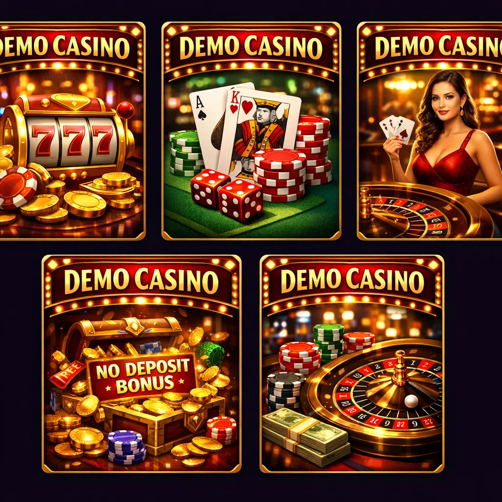 Five glossy Demo Casino offer cards with slots, blackjack, bonuses, live games, and fast payout themes