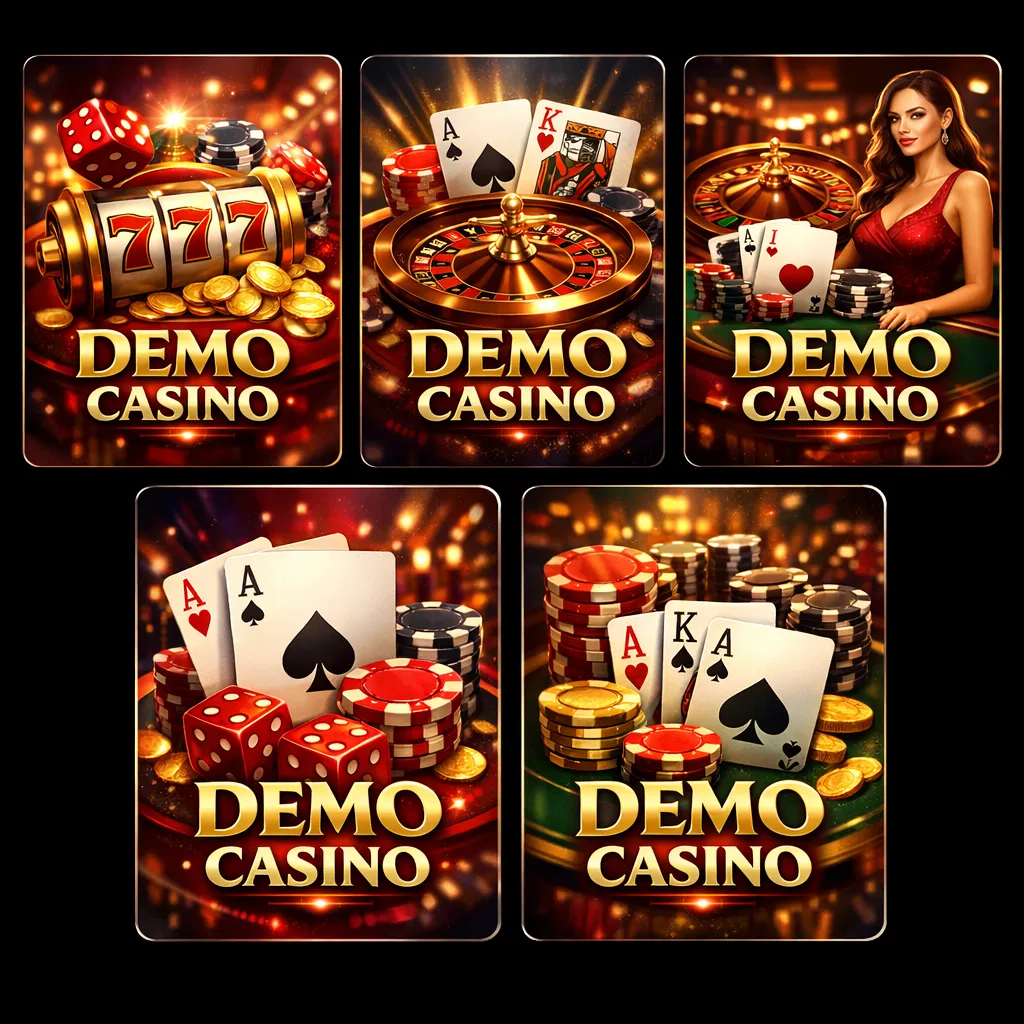 Five glossy Demo Casino offer cards with slots, blackjack, table games, bonuses, and fast payout themes