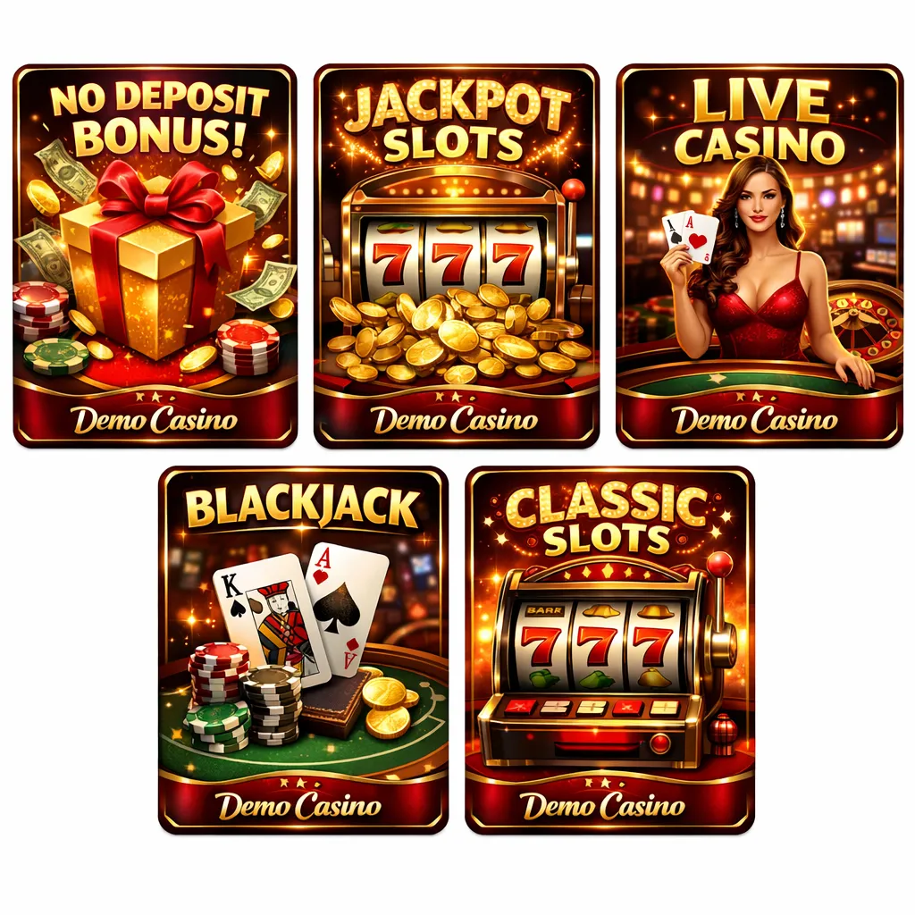 Five glossy Demo Casino offer cards with slots, blackjack, live games, bonuses, and fast payout symbols